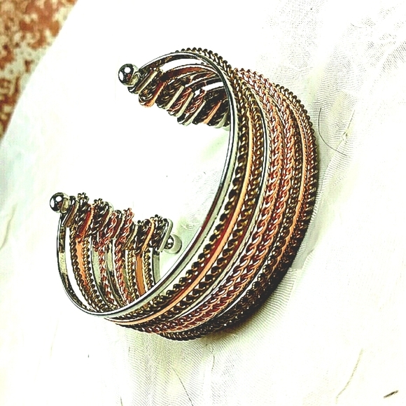 Tri-Tone Wire Cuff Bangle Bracelet Silver Gold Copper Twisted Metal Boho Chic - Picture 4 of 7